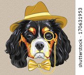 Vector hipster dog breed Cavalier King Charles Spaniel in a gold hat, monocle and bow tie