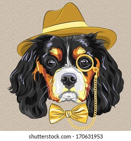 Vector hipster dog breed Cavalier King Charles Spaniel in a gold hat, monocle and bow tie