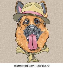 vector hipster dog breed German shepherd in a green hat and neckerchief