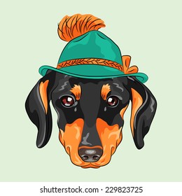 Vector hipster dog dachshund breed in a green tyrolean hat