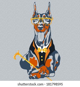 Vector hipster dog Doberman Pinscher breed in glasses and a suit with a bow tie and a cane