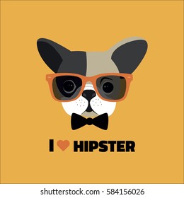 Vector hipster  Dog in a hat, glasses and bow tie.