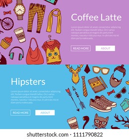 Vector hipster doodle icons horizontal web banners or poster illustration