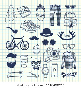 Vector hipster doodle icons on cell sheet illustration. Camera and hairstyle, coffee sketchy, horns and arrow