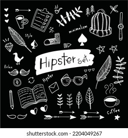 Vector - Hipster doodle set on black background, hand drawing minimal styles.
