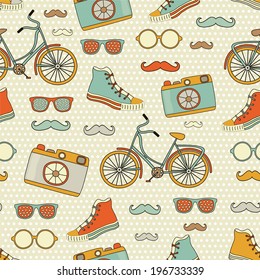 Vector Hipster Doodles Colorful Seamless Pattern, Background 