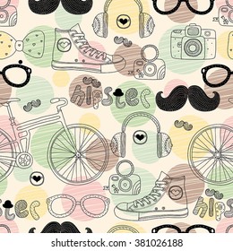 Vector hipster doodles colorful Seamless pattern with polka dot.