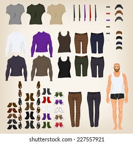 Vector hipster dress up doll with an assortment of hipster clothes