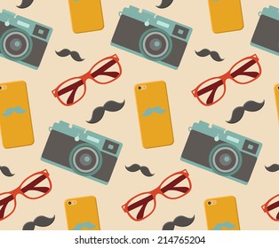 Vector hipster elements seamless pattern with fashion sunglasses, vintage camera, mobile phone and mustache in trendy flat style