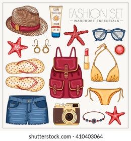 Vector hipster fashion woman's set with beach clothes and accessories. Summer outfit with jeans shorts, backpack and bikini