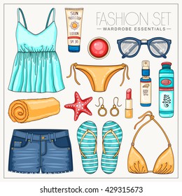 Vector hipster fashion woman's set with beach clothes and accessories. Summer outfit with jeans shorts, top and bikini 