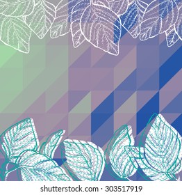 Vector hipster filter background with geometric triangle mosaic and hand drawn leaves borders of plant or tree