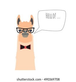 Vector hipster flat lama wearing bowtie and  glasses saying hello isolated. Object for advertisement, web page design, poster, banner, print element. Flat, cartoon style