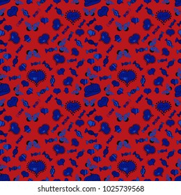 Vector. Hipster funky painted style texture on red, blue and black colors. Poster with different design sample. Love. Valentine':s day print, seamless hand craft expressive ink typography pattern.