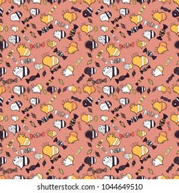 Vector. Hipster funky painted style texture on neutral, white, yellow colors. Valentine':s day print, seamless hand craft expressive ink typography pattern. Poster with different doodle letters. Love.