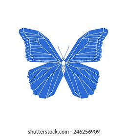 Vector hipster geometric blue butterfly of triangle in origami style.