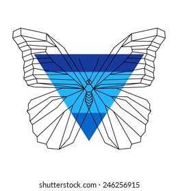 Vector hipster geometric blue butterfly of triangle in origami style.