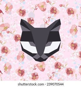 Vector hipster geometric head of cat of triangles with pattern of flowers. Origami style.