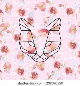 Vector hipster geometric head of cat of triangles with pattern of flowers. Origami style.