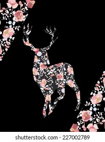 Vector hipster geometric silhouette of deer with flowers pattern