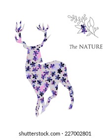Vector hipster geometric silhouette of deer with flowers pattern