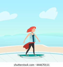 Vector hipster girl character riding longboard skateboard against the backdrop of beautiful scenery.