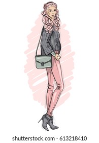 Vector hipster girl dressed in jeans, sweater, ankle boots with bag over her shoulder, color sketch