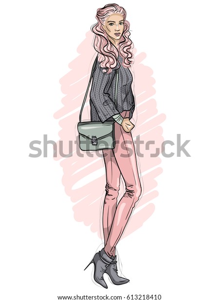 Vector Hipster Girl Dressed Jeans Sweater Stock Vector Royalty Free