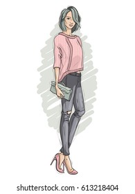 Vector hipster girl dressed in ripped jeans, sweater, court shoes with a clutch bag in his hand, color sketch