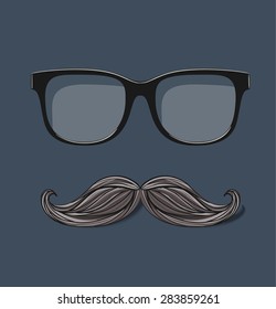 Vector hipster glasses and drawn mustache on gray background