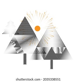 Vector Hipster halftone dots  Christmas trees in sunset . poster with different elements. Abstract Geometrical Poster. Modern Design Template with geometric shapes in various forms.illustration.