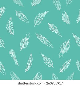 Vector hipster hand drawn seamless pattern with white feathers. Green background