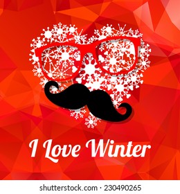 Vector Hipster happy new year card with glasses, mustache and a heart of snowflakes  background. New year party invitation template. Merry Christmas card template.