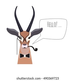 Vector hipster horned antelope wearing bowtie monocle and pipe  saying hello isolated. Object for advertisement, web page design, poster, banner, print element. Flat, cartoon style illustration