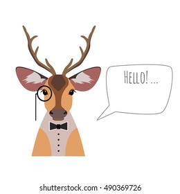 Vector hipster  horned deer in suit and bowtie with monocle saying hello isolated. Object for advertisement, web page design, poster, banner, print element. Flat, cartoon style illustration