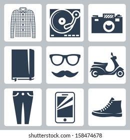 Vector hipster icons set: check shirt, record player, camera, writing pad, glasses, mustache, scooter, skinny jeans, smartphone, sneakers