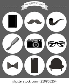 Vector hipster icons set with notebook, pipe, hat, bow, mobile phone, vintage camera, glasses, mustache in modern flat style