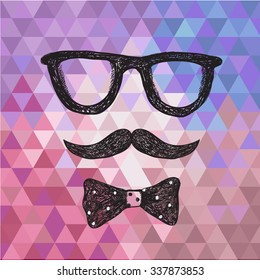 Vector hipster illustration, poster, card with hand drawn glasses, moustache and bow tie. Colorful triangle background