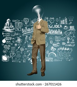 Vector hipster lamp head business man have an idea and shows well done 