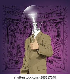 Vector hipster lamp head business man have an idea and shows well done on shopping