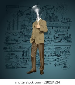 Vector hipster lamp head business man have an idea and shows well done 