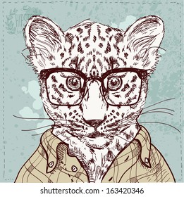 Vector hipster leopard with glasses and suit in vector on vintage textured paper background, hand drawn sketchy illustration