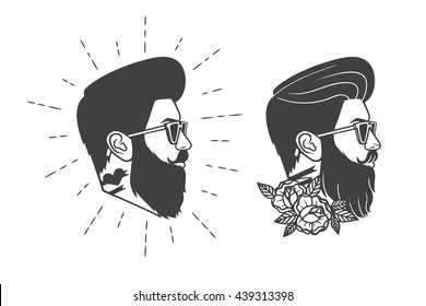 Vector hipster logo. Label, badge man in profile view. Simple black and white illustration of a mans head.