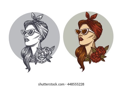 Vector hipster logo. Label, badge girl silhouette. Vector  illustration of a girls head in retro style