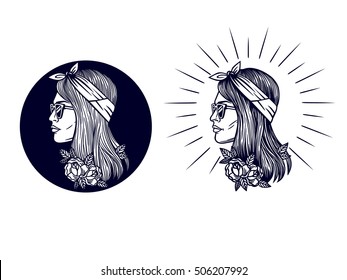 Vektorhipster-Logo. Etikett, Logo, Silhouette mit Rosen. Vektorschwarz-weiße Illustration eines Mädchenkopfes im Vintage-Stil.