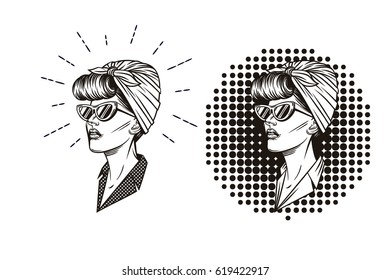 Vector hipster logo. Label, badge girl silhouette. Vector black and white illustration of a girls head in retro style
