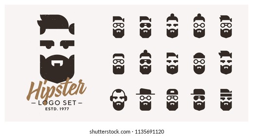 Vector Hipster logo set. 15 combinations of logotypes. Different haircuts, hats, eyes, glasses and beard styles.