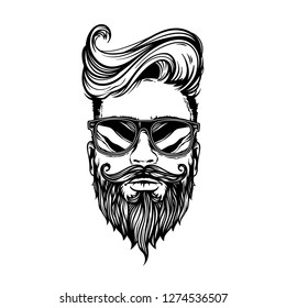 Vector Hipster man with beard, mustache and sunglasses, vector sketch face illustration isolated on white background