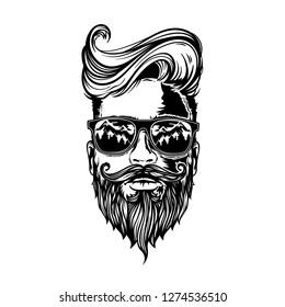 Vector Hipster man with beard, mustache and sunglasses, vector sketch face illustration isolated on white background