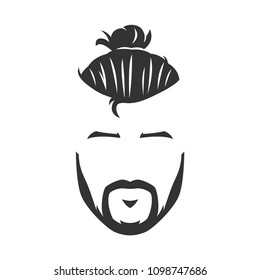 Vector Hipster Man Bearded Face With Bun Black And White